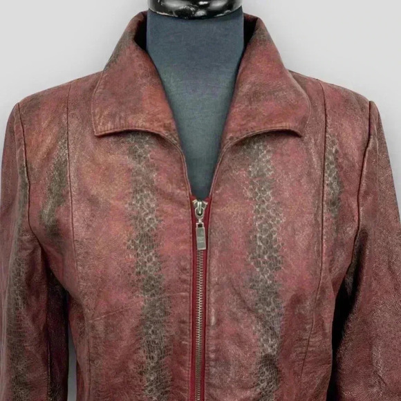 Guillaume Burgundy Snake-Print Genuine Leather‎ Jacket Medium Zip Pockets - Picture 5 of 14